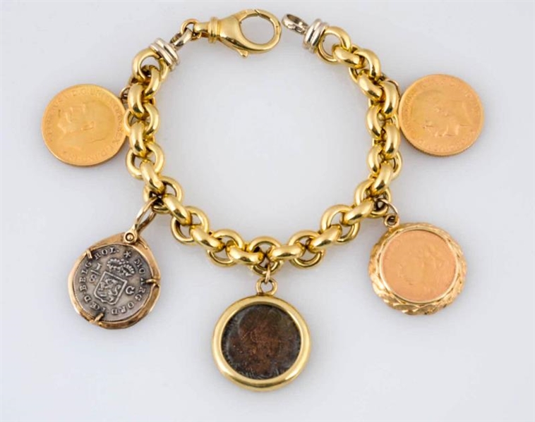 GOLD & ANCIENT COIN CHARM BRACELET.               