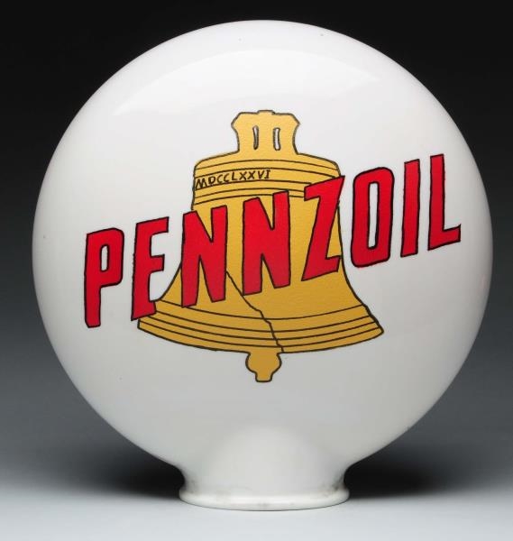 PENNZOIL WITH BROWN BELL OPE MILKGLASS GLOBE BODY.