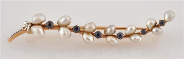 GOLD, PEARL AND SAPPHIRE BAR PIN.                 