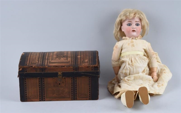 LOT OF 2: DOLL WITH CREAM DRESS & WOODEN CHEST.   