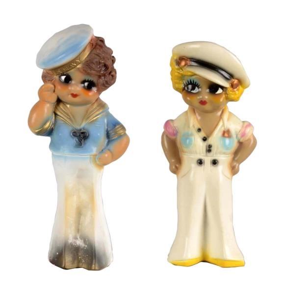 LOT OF 2: TALL CARNIVAL CHALKWARE MILITARY GIRLS  