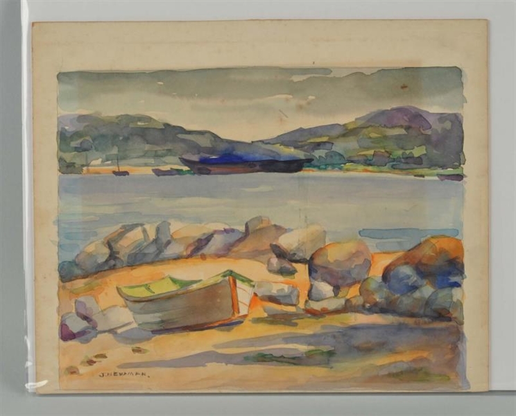 WATERCOLOR "BOAT ON A ROCKY SHORE"  BY J. NEWMAN. 