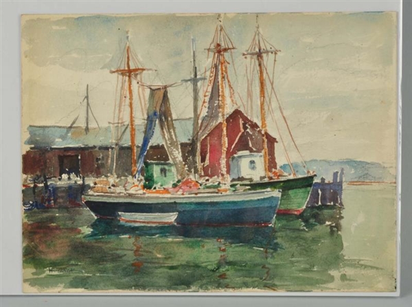 WATERCOLOR PAINTING OF HARBOR BY H. WICK.         