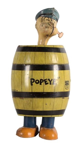 POPEYE IN BARREL MECHANICAL TIN LITHOGRAPH TOY    