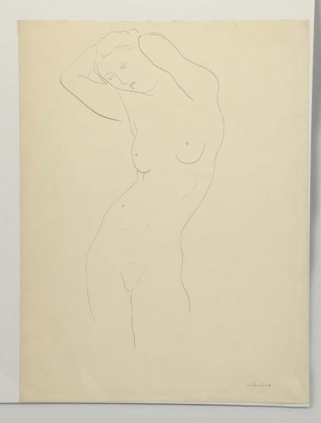 NUDE INK DRAWING OF A WOMAN BY CLEMENT WILENCHICK.
