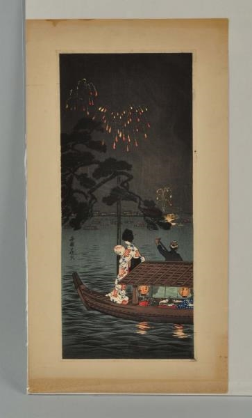 JAPANESE WOODBLOCK PRINT WITH GEISHA ON BOAT.     