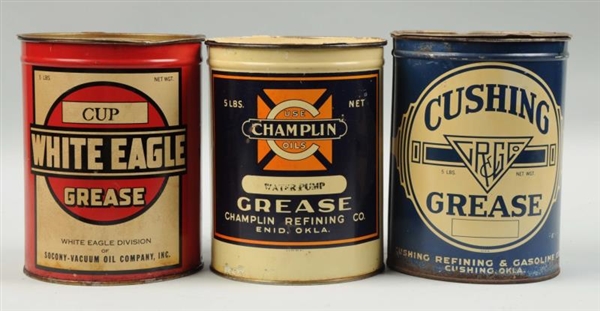 LOT OF 3:  FIVE POUND ROUND METAL CANS.           