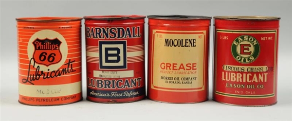 LOT OF 4: FIVE POUND ROUND METAL GREASE CANS.     