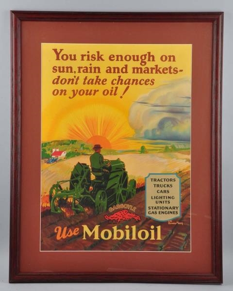 MOBILOIL WITH FARMER PLOWING GRAPHICS POSTER.     