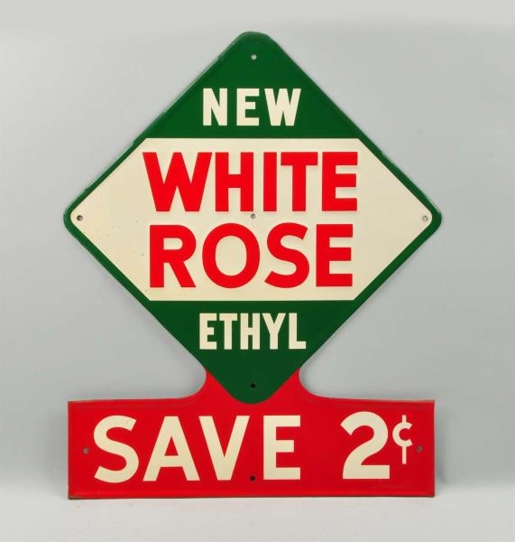NEW WHITE ROSE ETHYL DIECUT TIN SIGN.             