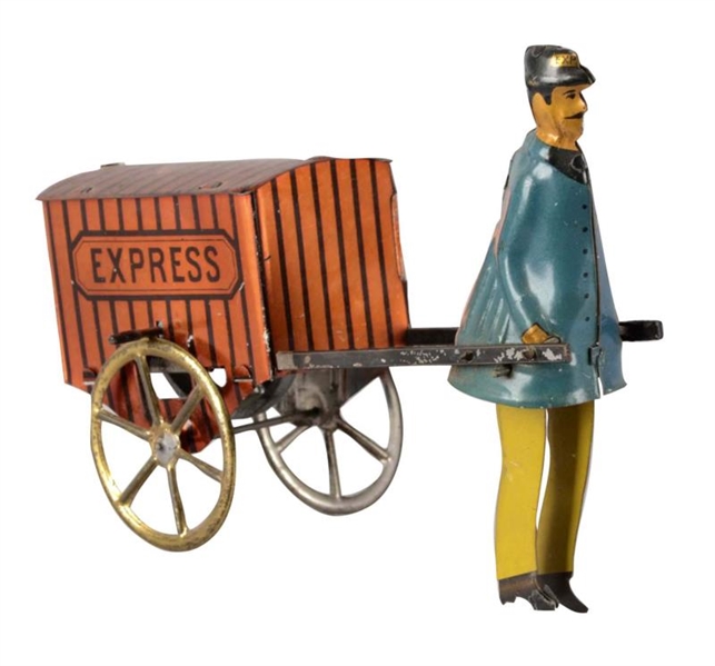 MAN AND PULL CART MECHANICAL TIN LITHOGRAPH TOY   