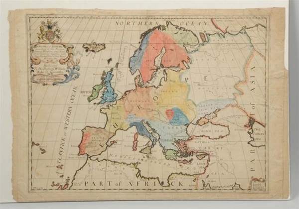 18TH CENTURY BRITISH HAND COLORED MAP OF EUROPE.  