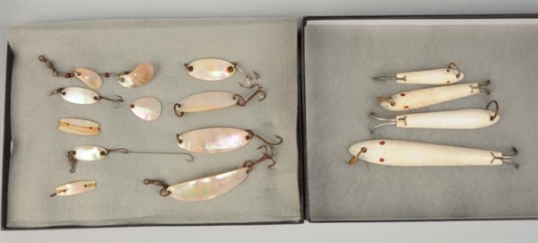 LOT OF 13: BONE AND PEARL FISHING LURES IN BOXES. 