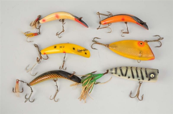 LOT OF 6: WOODEN FISHING BAITS.                   