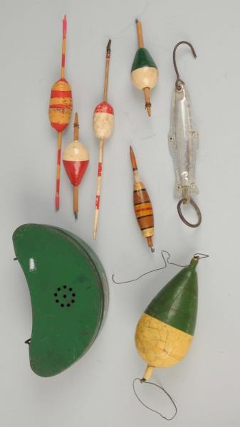 LOT OF 8: FISHING FLOATS AND BAIT TIN.            