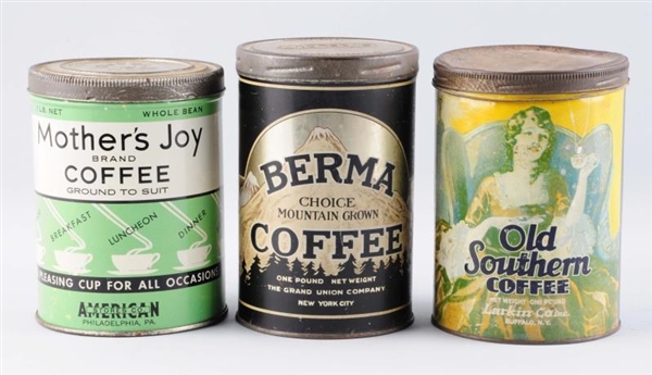 LOT OF 3: EARLY COFFEE TINS.                      
