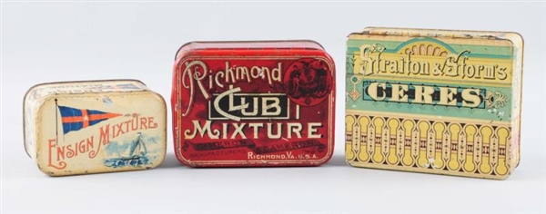 LOT OF 3: EARLY TOBACCO TINS.                     
