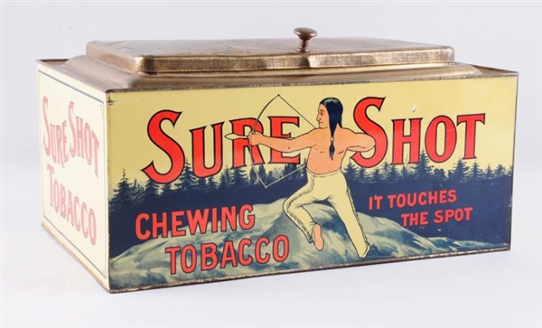 SURE SHOT TOBACCO TIN LITHO ADVERTISING CONTAINER.