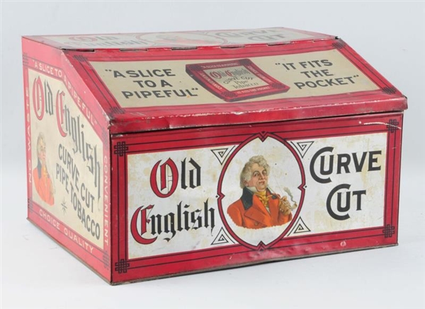 OLD ENGLISH CURVE CUT TOBACCO CANISTER.           