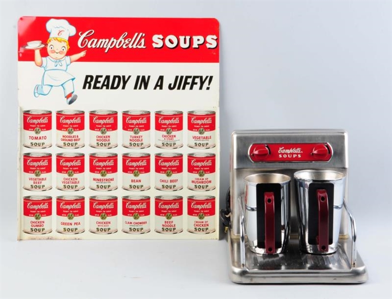 LOT OF 2: CAMPBELLS SOUP SIGN & SOUP HEATERS.    