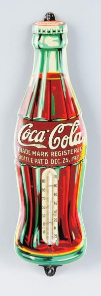 COCA-COLA BOTTLE SHAPED TIN THERMOMETER.          
