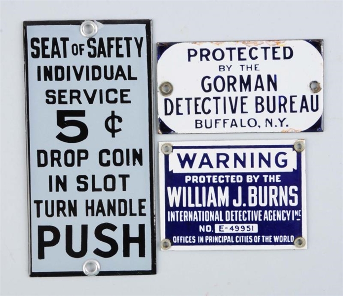 LOT OF 3: EARLY PORCELAIN SAFETY SIGNS.           