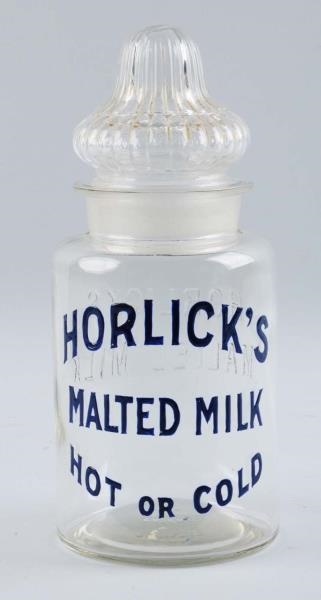 HORLICKS MALTED MILK ADVERTISING GLASS JAR.      