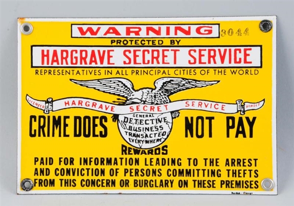 HARGRAVES SECRET SERVICE PORCELAIN SIGN.          