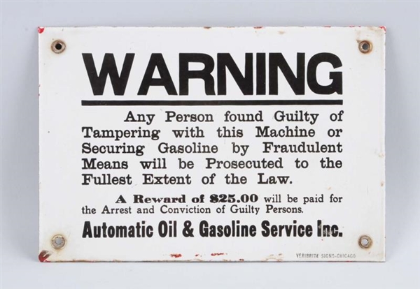 AUTOMATIC OIL AND GASOLINE PORCELAIN WARNING SIGN.