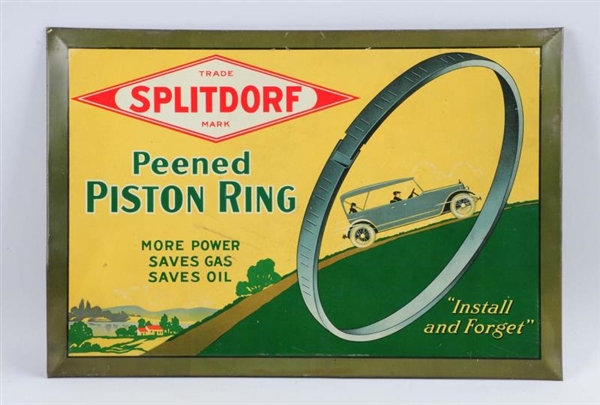 SPLITDORF PEENED PISTON RING W/ CAR GRAPHICS SIGN.