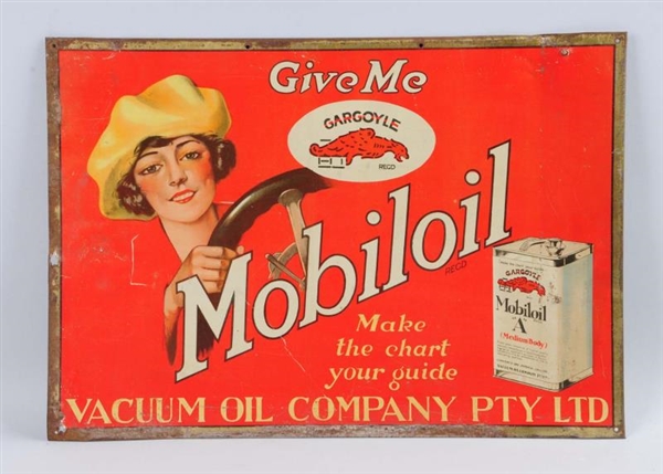 MOBILOIL WITH LADY AND A SQUARE CAN GRAPHICS SIGN.