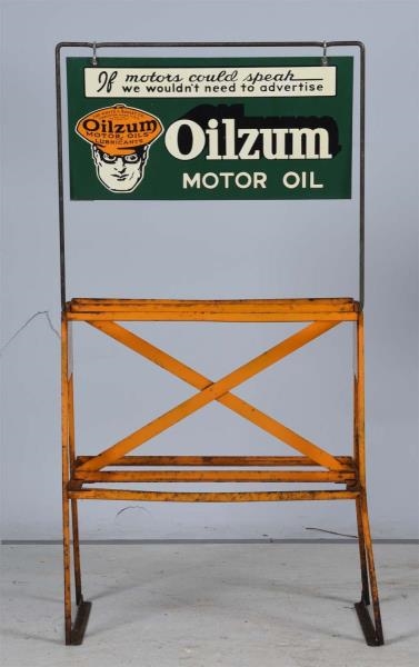 OILZUM MOTOR OILS GREEN WITH LOGO OIL CAN RACK.   