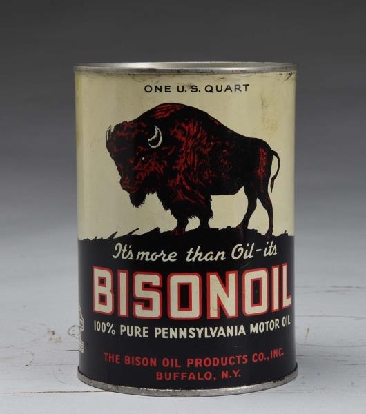 BISONOIL MOTOR OIL ONE QUART ROUND METAL CAN.     