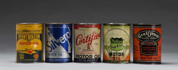 LOT OF 5:  MISCELLANEOUS MOTOR OIL ONE QUART CANS.