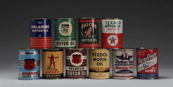 LOT OF 10: MISCELLANEOUS MOTOR OIL ONE QUART CANS.