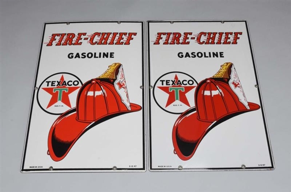 LOT OF 2: TEXACO-WHITE T- FIRE CHIEF HELMET SIGNS.