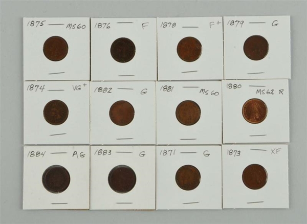 LOT OF 12: INDIAN HEAD ONE CENTS.                 