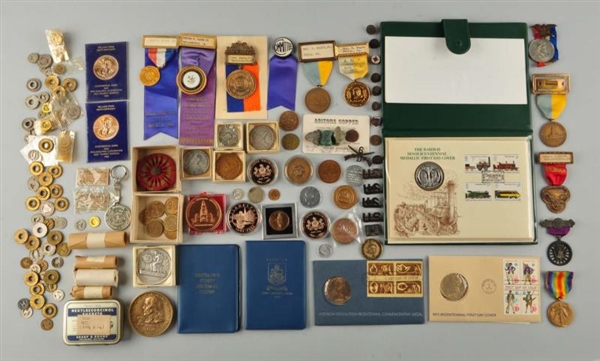 LARGE LOT OF VINTAGE PINS, MEDALS AND TOKENS.     