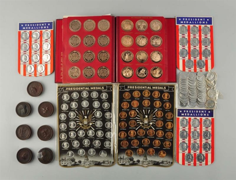 LARGE LOT OF ASSORTED SILVER, WOODEN COINS.       