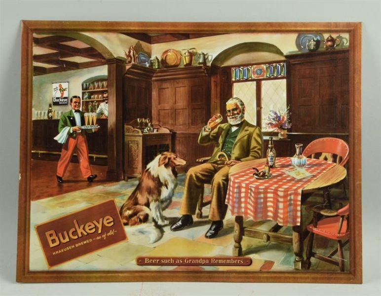 BUCKEYE BEER TIN OVER CARDBOARD ADVERTISING SIGN. 