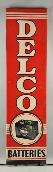 DELCO BATTERIES VERTICAL TIN ADVERTISING SIGN.    