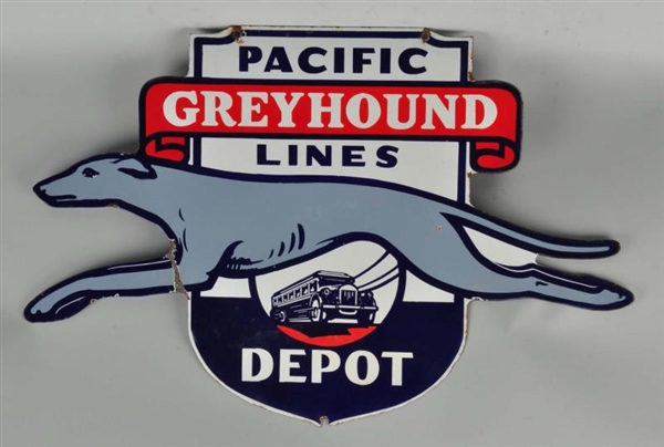 RARE PACIFIC GREYHOUND LINES DEPOT PORCELAIN SIGN.