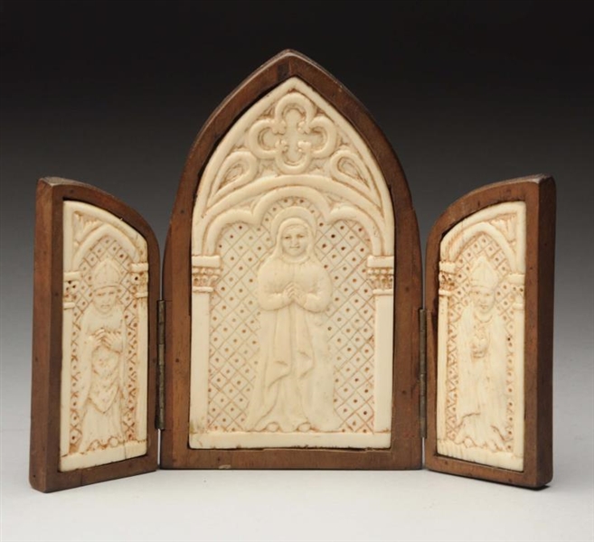 19TH CENTURY IVORY AND WOOD TRIPTYCH.             