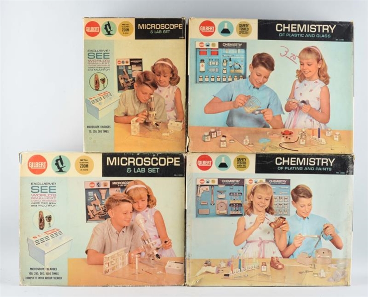 LOT OF 4: GILBERT CHEMISTRY AND MICROSCOPE SETS.  