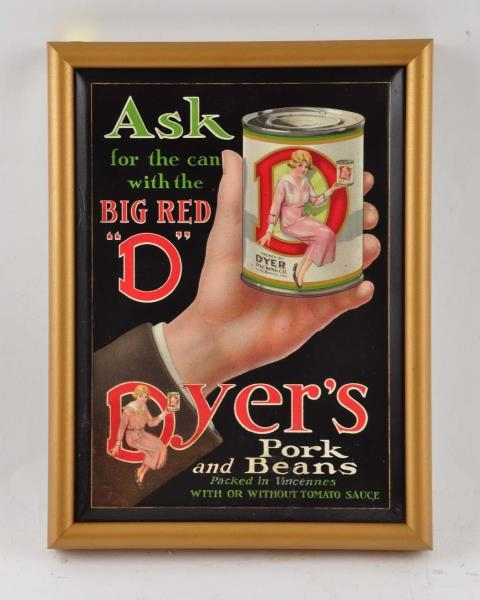 DYERS PORK AND BEANS TIN OVER CARDBOARD SIGN.    