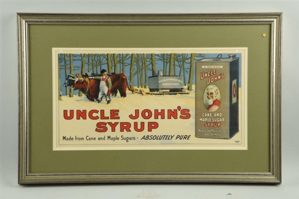 UNCLE JOHNS SYRUP PAPER ADVERTISING SIGN.        