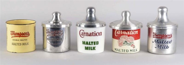 LOT OF 5: SODA FOUNTAIN MALTED MILK CONTAINERS    