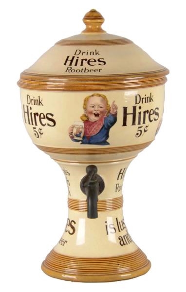 EARLY 2-PIECE HIRES METTLACH URN SYRUP DISPENSER  