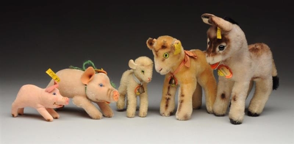LOT OF 5: STEIFF FARM ANIMALS WITH IDS.           