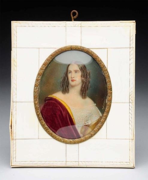 MINIATURE IVORY PAINTING OF A YOUNG LADY.         